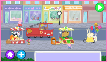 Peppa downtown world. Includes firetruck, misses rabbit with a balloon stand, tea shop, and cheese stand